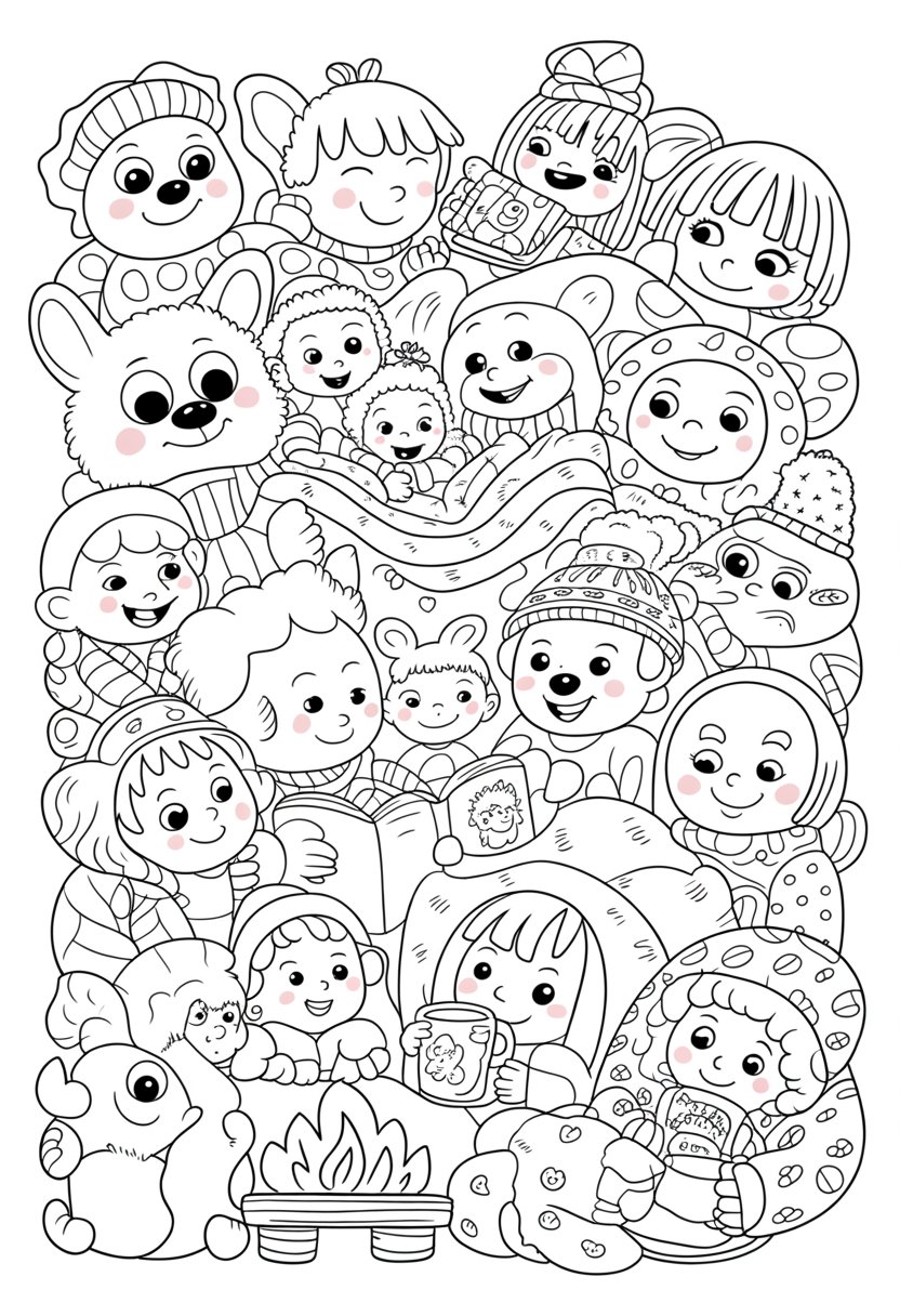 Cozy Friends Coloring Pages A Perfect List of 15 Relaxing Designs 4 A group of 31 friends, including children and animals, gathered together sharing cozy moments with blankets, pillows, and hot drinks around a fireplace.